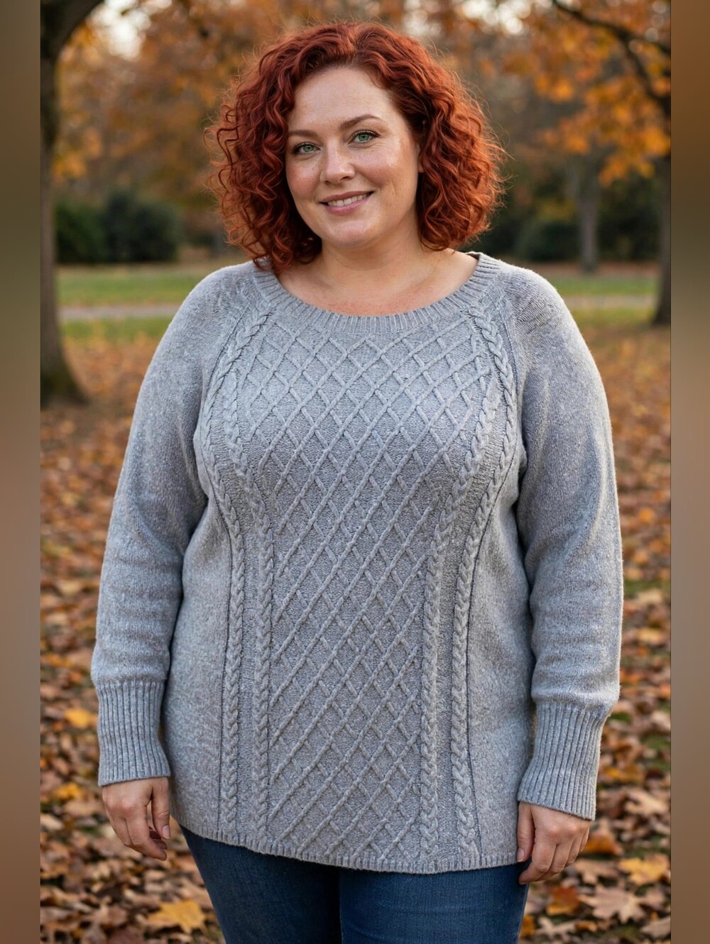 Cozy Light Gray Cable-Knit Crewneck Sweater - Ladies